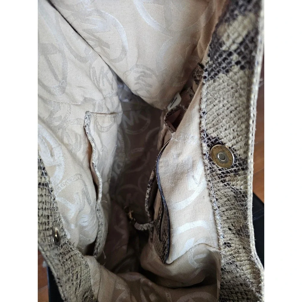 Michael Kors Snakeskin Embossed Leather Hobo Bag Gold Chain Link Beige Brown